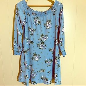 H&M Divided fit and flare off the shoulder floral blue dress roses